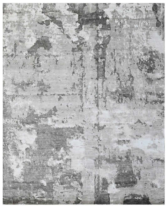 White Grey Hand Knotted Abstract Painterly Texture Area Rug