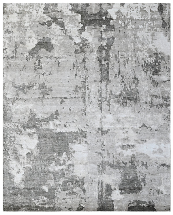 White Grey Hand Knotted Abstract Painterly Texture Area Rug