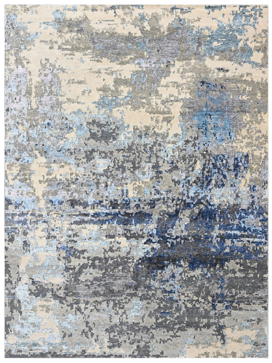 Charcoal Beige Hand Knotted Abstract Lattice Area Rug