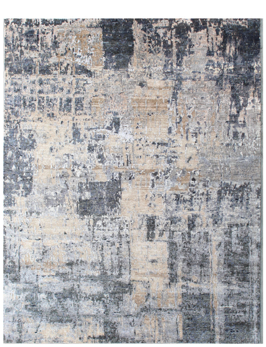 Silver Light Blue Hand Knotted Abstract Patchwork Area Rug