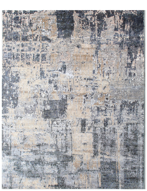 Silver Light Blue Hand Knotted Abstract Patchwork Area Rug