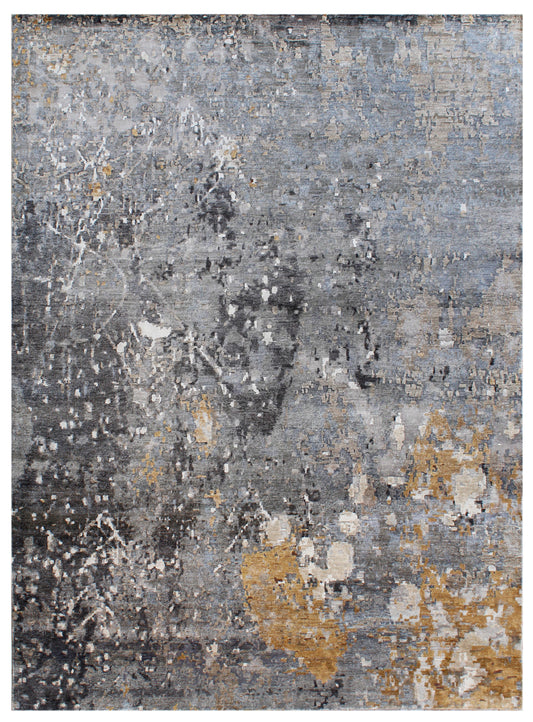 Charcoal Gold Hand Knotted Abstract Watercolor Area Rug