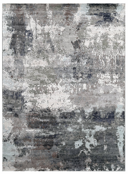 Silver Abstract Distressed Hand Knotted Rug