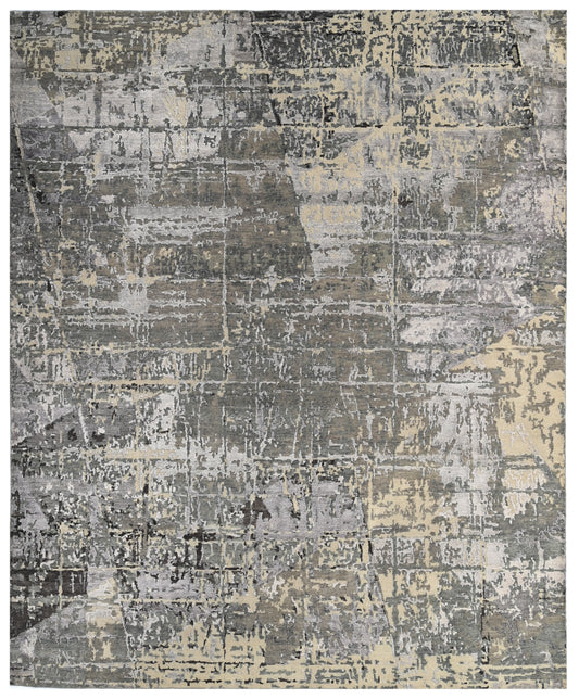 White Silver Hand Knotted Abstract Grid Geometric Area Rug