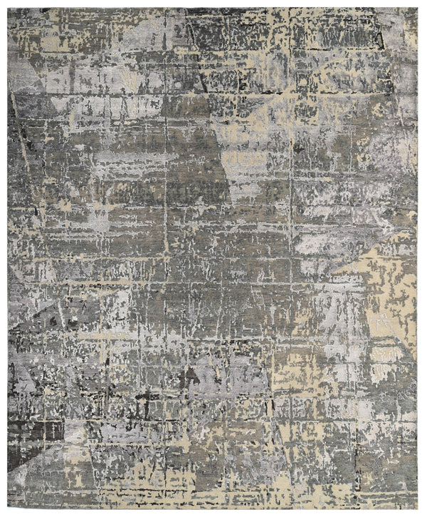 White Silver Hand Knotted Abstract Grid Geometric Area Rug