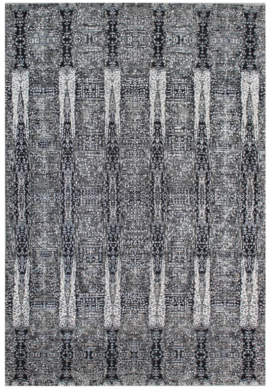 Charcoal Beige Hand Knotted Abstract Area Rug