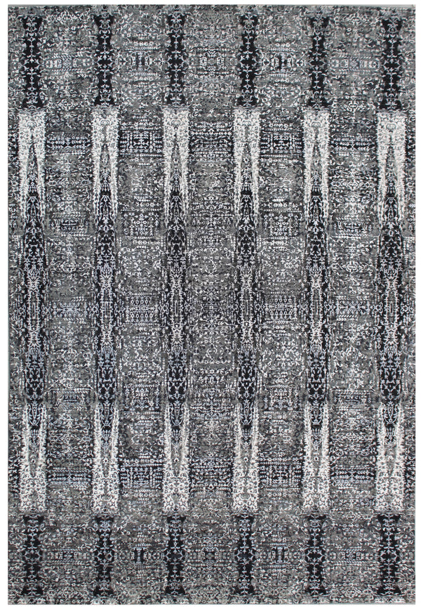 Charcoal Beige Hand Knotted Abstract Area Rug