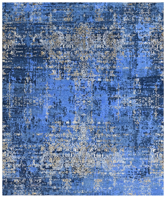 Navy Blue Gold Hand Knotted Abstract Rug