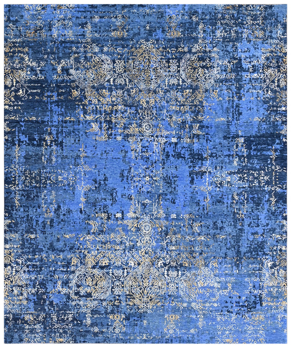 Navy Blue Gold Hand Knotted Abstract Rug