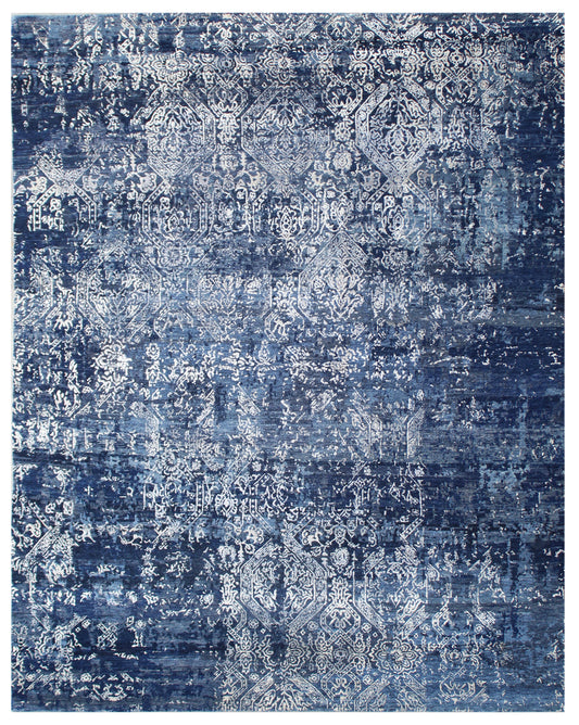 Navy Blue Silver Hand Knotted Abstract Rug