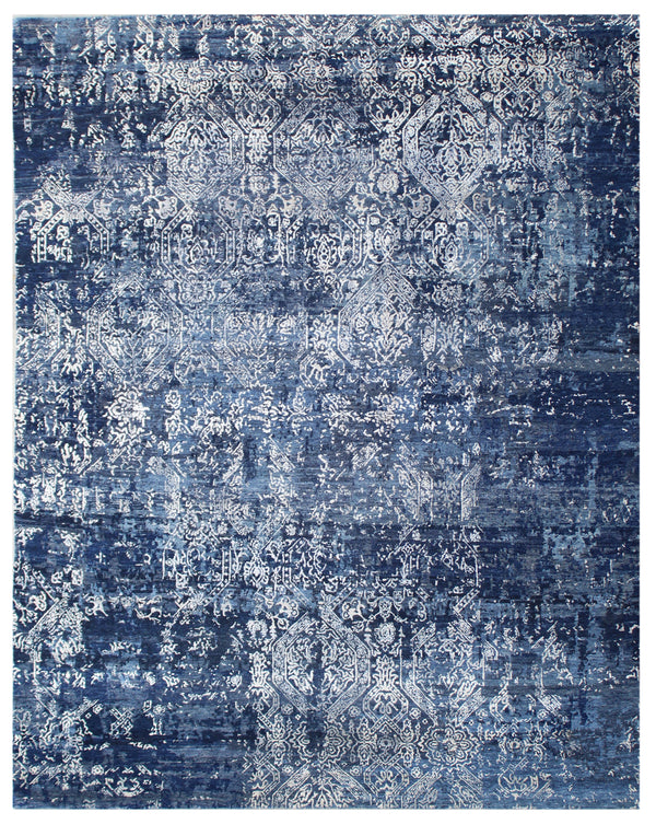 Navy Blue Silver Hand Knotted Abstract Rug