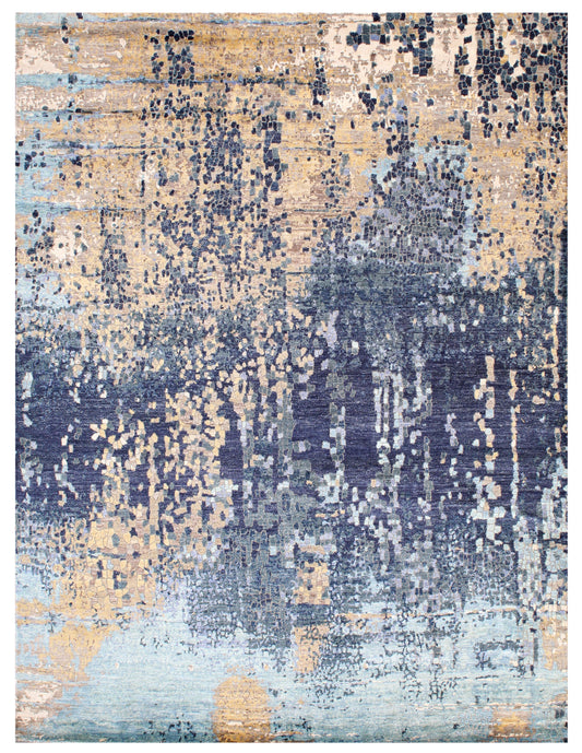 Navy Blue Turquoise Abstract Hand Knotted Bamboo Silk Rug