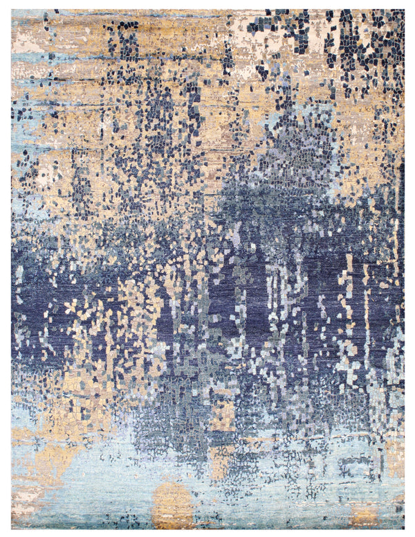 Navy Blue Turquoise Abstract Hand Knotted Bamboo Silk Rug