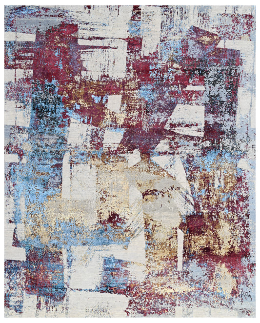 Multi Color Paint Stroke Hand Knotted Wool Silk Rug