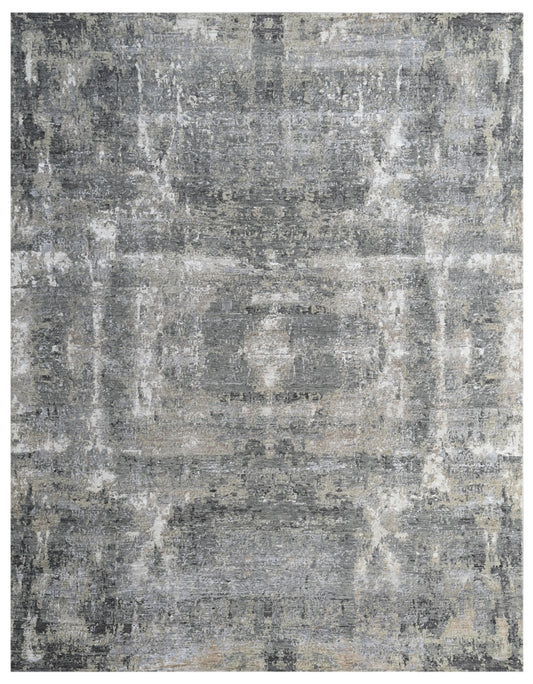 Ivory Carbon Hand Knotted Wool Bamboo Silk Abstract Rug