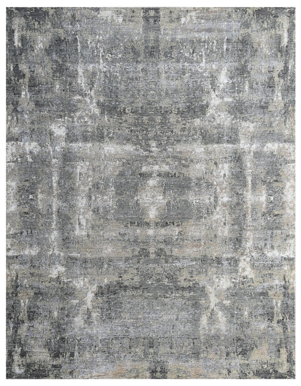Ivory Carbon Hand Knotted Wool Bamboo Silk Abstract Rug