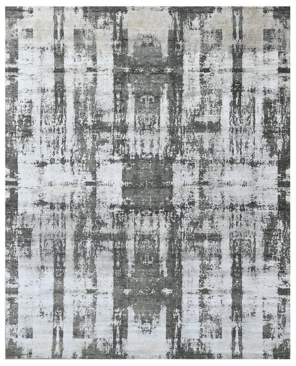 Slate Grey Hand Knotted Abstract Geometric Area Rug