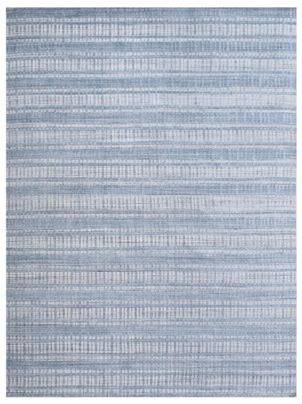 Light Blue Silver Grid Hand Woven Wool Bamboo Silk Rug