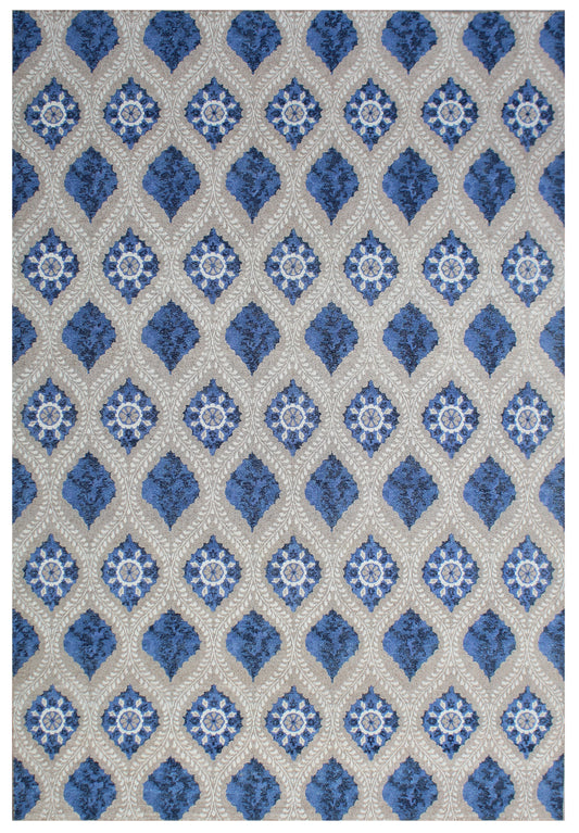Tan Blue Geometric Lattice Hand Knotted Wool Sumac Rug