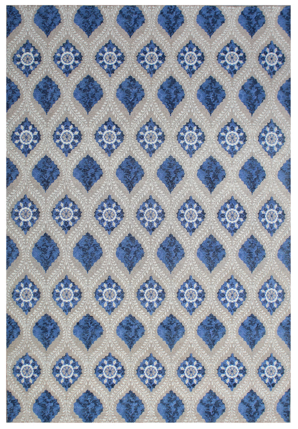 Tan Blue Geometric Lattice Hand Knotted Wool Sumac Rug