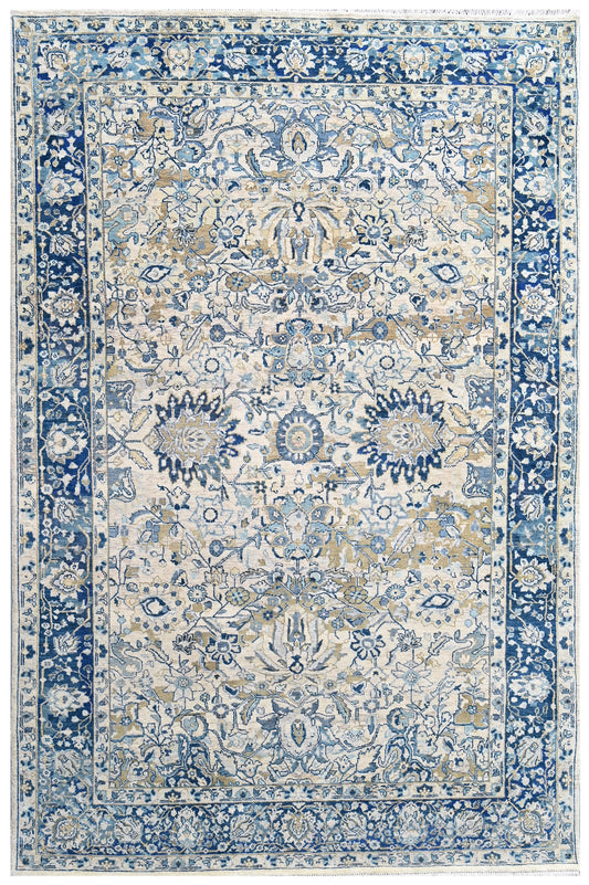 Beige Blue Traditional Hand Knotted Area Rug