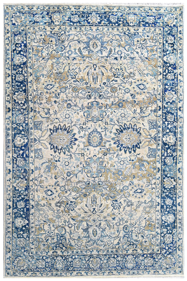 Beige Blue Traditional Hand Knotted Area Rug