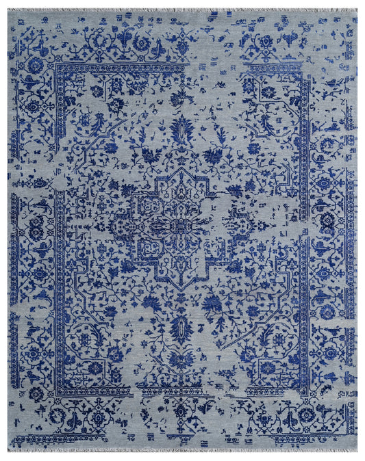 Assorted Ink Blue Traditional Hand Knotted Bamboo Silk Rug