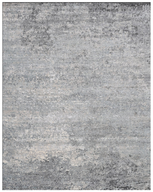 Grey Silver Abstract Hand Knotted Wool Bamboo Silk Rug