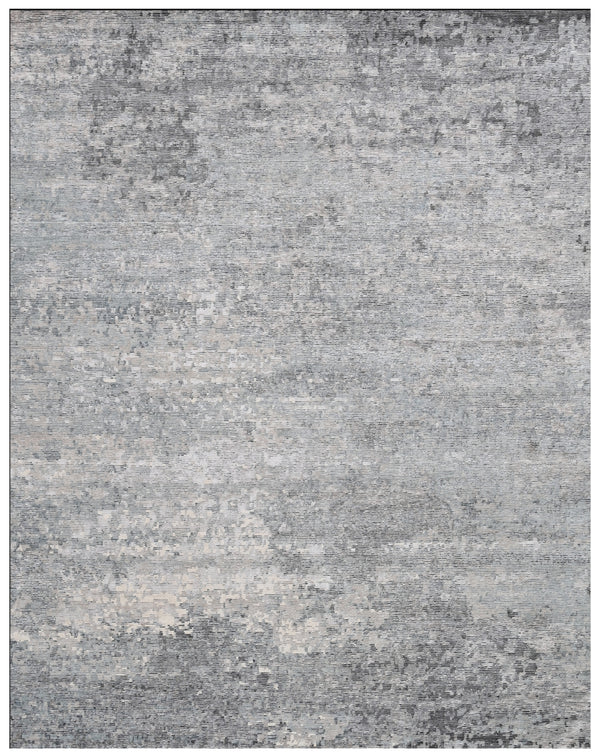 Grey Silver Abstract Hand Knotted Wool Bamboo Silk Rug