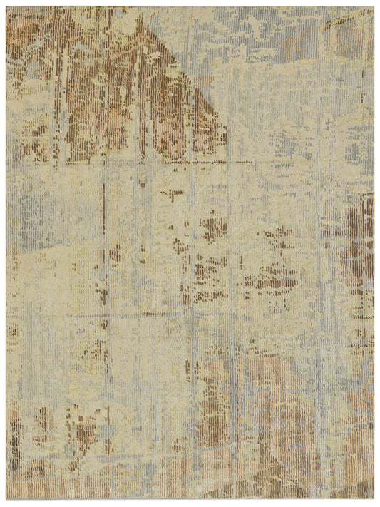Camel Hand Knotted Wool Silk Abstract Grid Rug