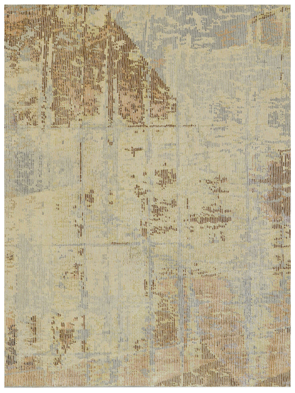 Camel Hand Knotted Wool Silk Abstract Grid Rug