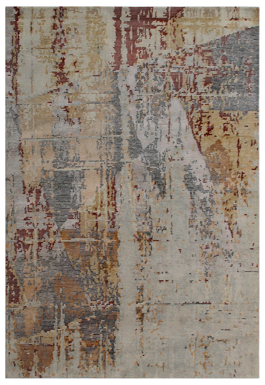 Beige Gold Hand Knotted Wool & Bamboo Silk Abstract Rug