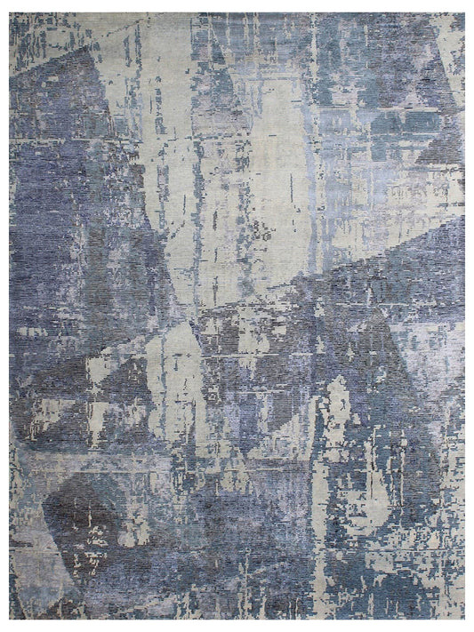 Beige Deep Blue Hand Knotted Wool & Bamboo Silk Rug