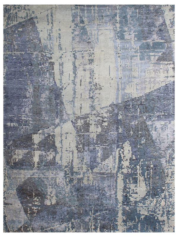 Beige Deep Blue Hand Knotted Wool & Bamboo Silk Rug
