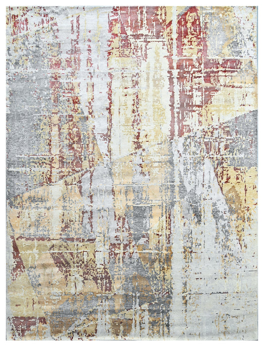 Beige Yellow Abstract Hand Knotted Wool Bamboo Silk Rug