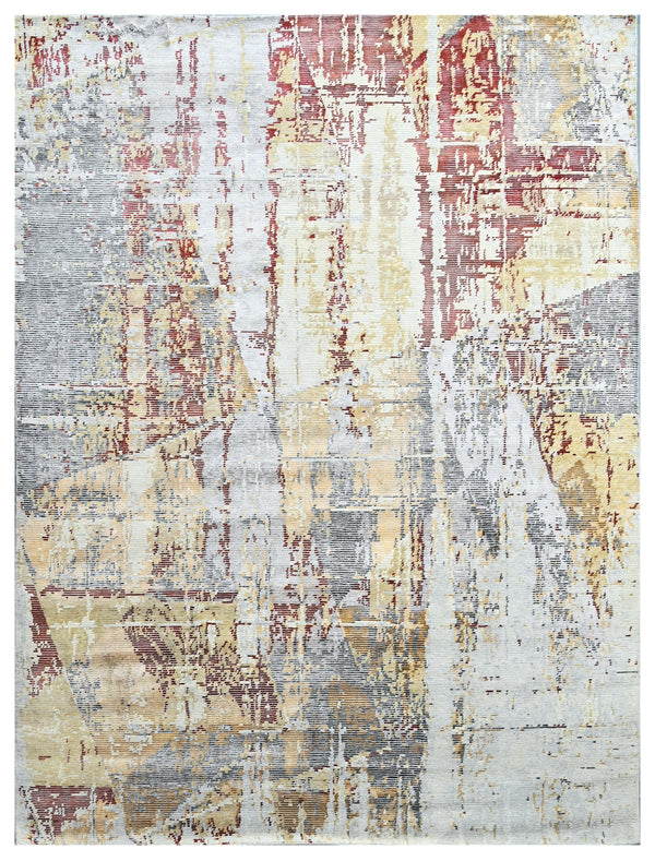 Beige Yellow Abstract Hand Knotted Wool Bamboo Silk Rug