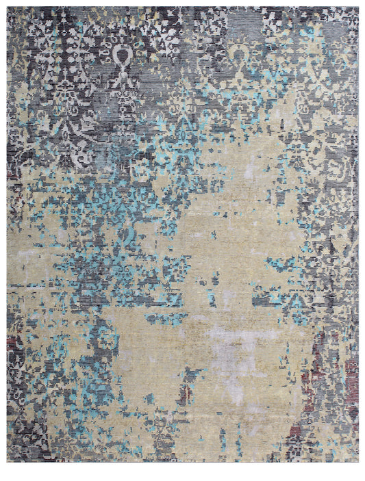 Multi Color Hand Knotted Wool & Bamboo Silk Abstract Rug