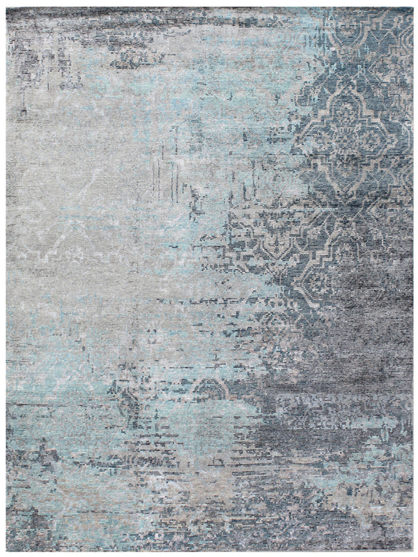 Silver Medium Blue Hand Knotted Wool & Bamboo Silk Rug
