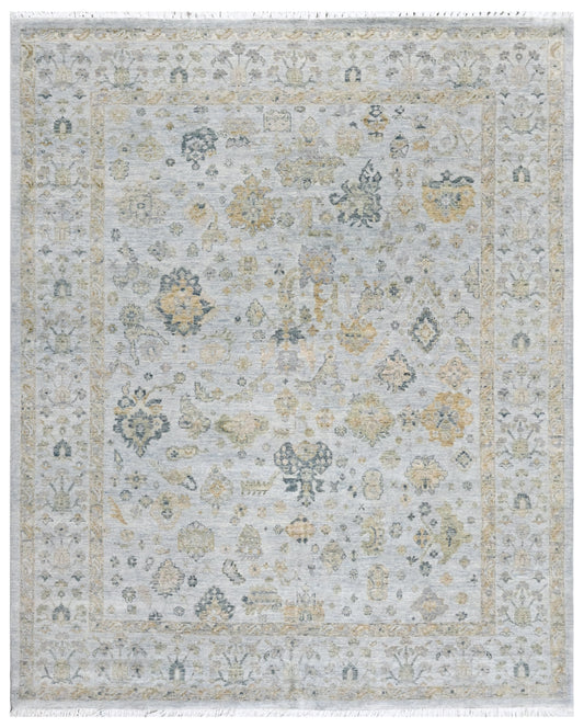 Powder Blue Beige Hand Knotted Oushak Wool Area Rug
