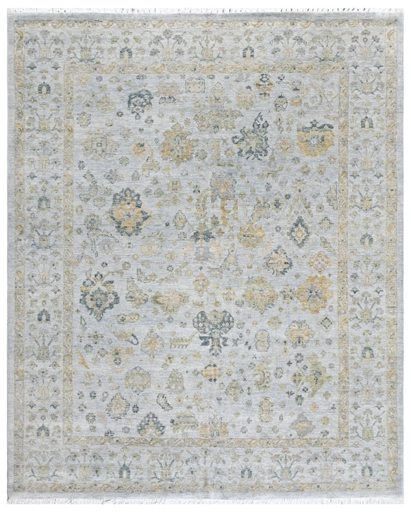 Powder Blue Beige Hand Knotted Oushak Wool Area Rug