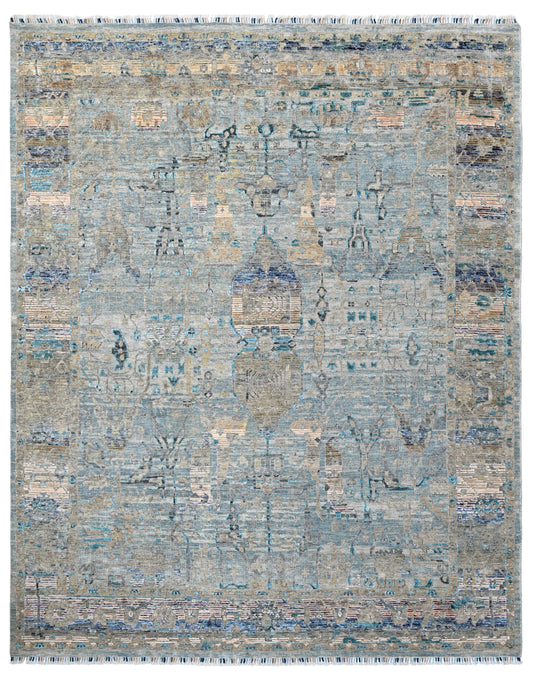 Abstract Blue Hand Knotted Wool & Bamboo Silk Blend Rug
