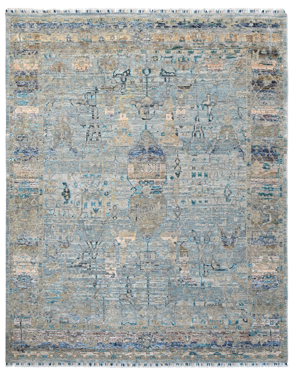 Abstract Blue Hand Knotted Wool & Bamboo Silk Blend Rug