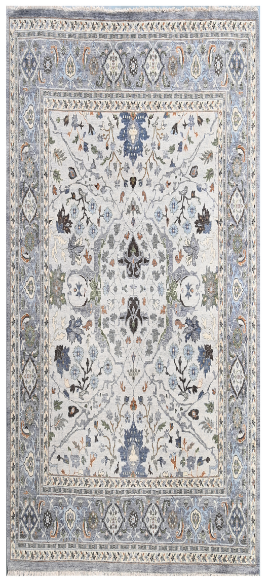 Light Grey Hand Knotted Traditional Wool Area Rug Runner