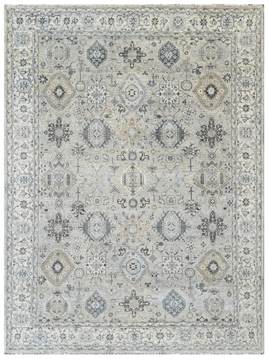 Sage Green Ivory Hand Knotted Distressed Traditional Wool Rug