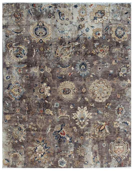 Warm Brown Hand Knotted Distressed Traditional Wool Rug