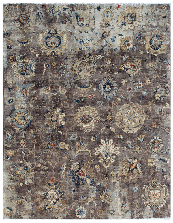 Warm Brown Hand Knotted Distressed Traditional Wool Rug