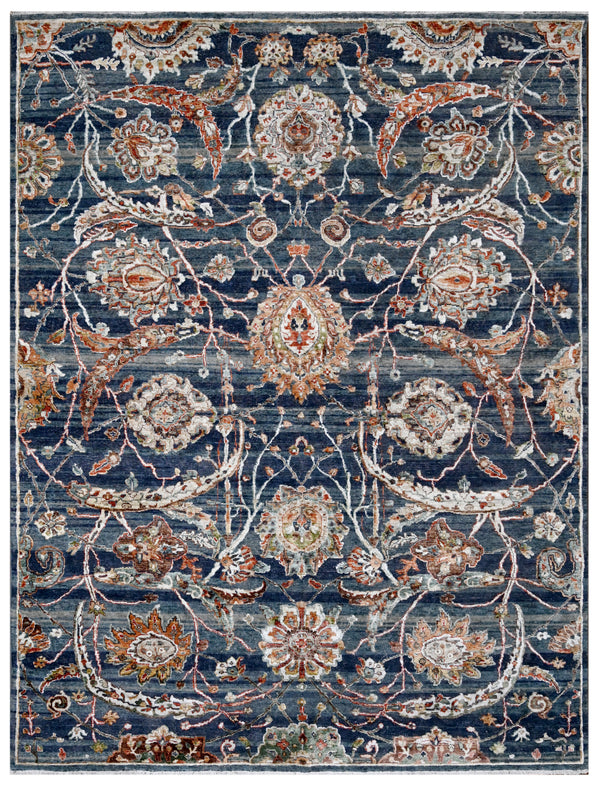 Luxury Navy Blue Persian Hand Knotted Wool Silk Rug