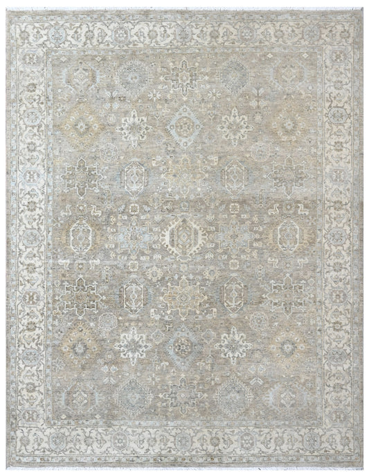 Sage Green Ivory Distressed Persian Hand Knotted Wool Rug
