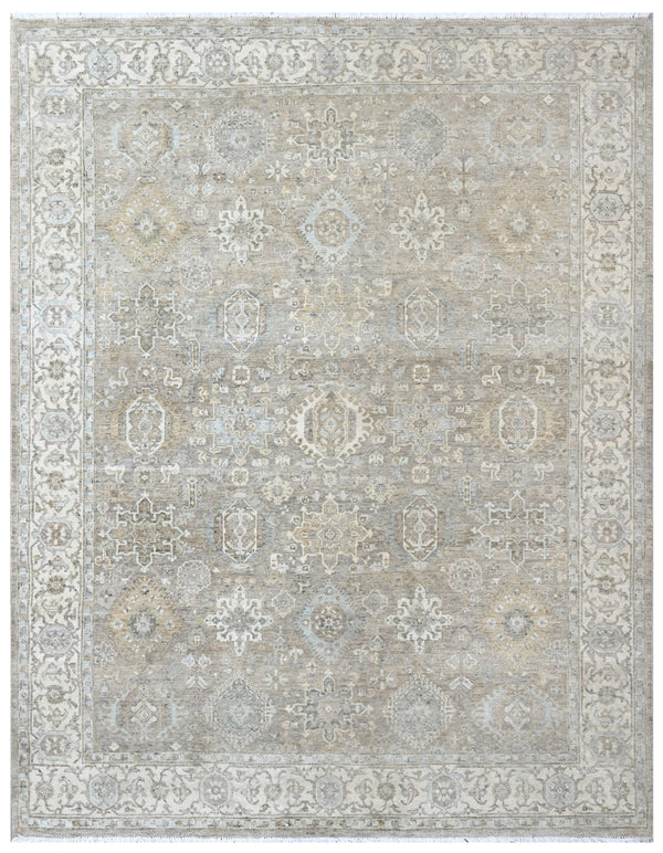 Sage Green Ivory Distressed Persian Hand Knotted Wool Rug