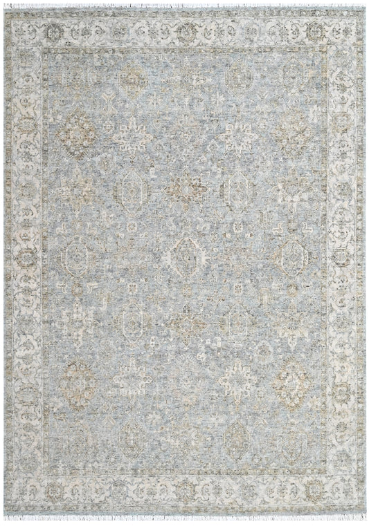 Pastel Blue Silver Hand Knotted Distressed Traditional Wool Rug